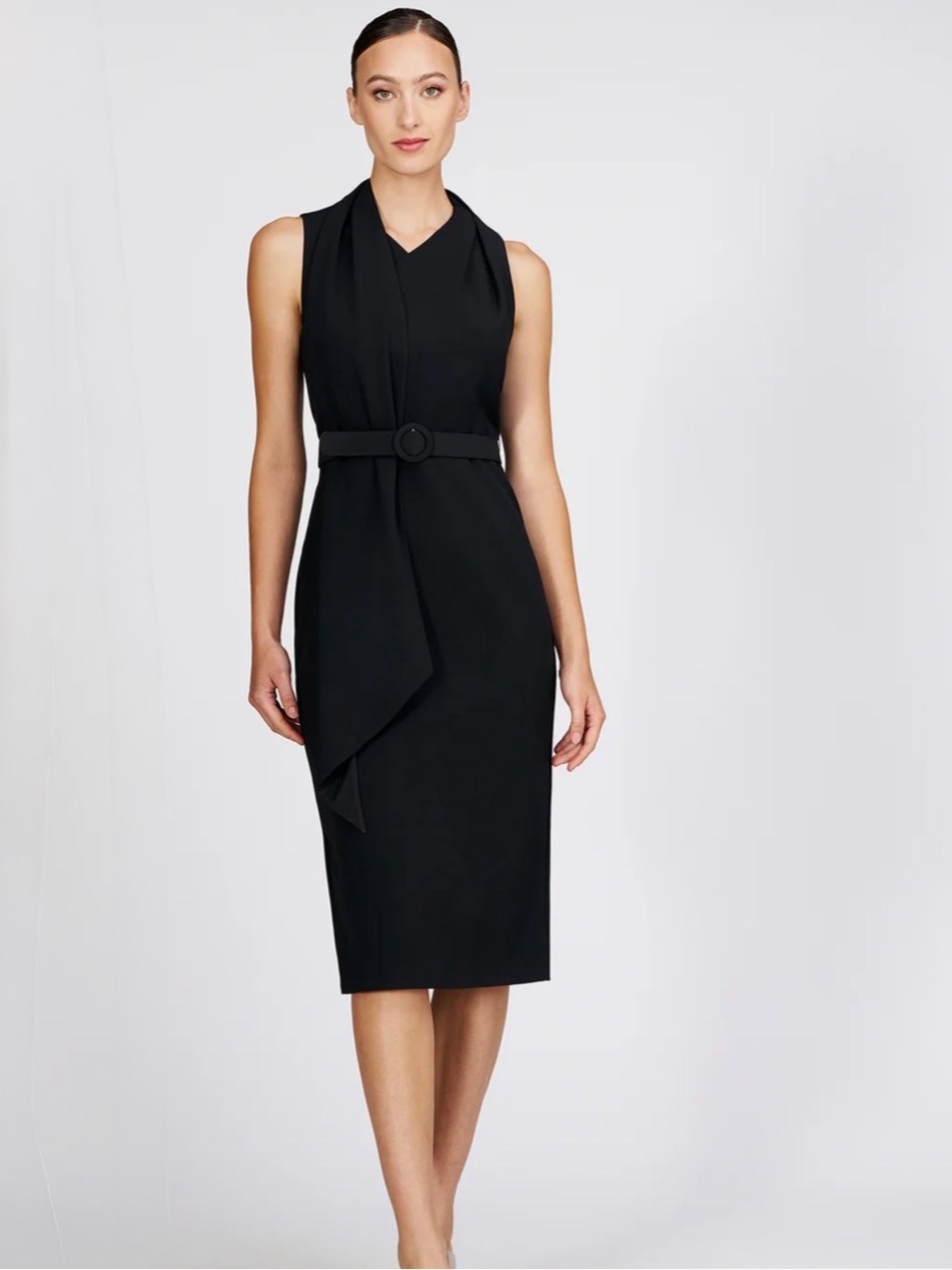 Kay Unger Annika Black Sleeveless Belted Midi Sheath Dress Women's Size 6
